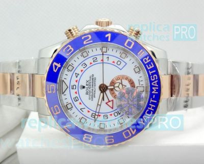 Newest Replica Rolex new Yacht Master II Two Tone White Dial Blue Ceramic Bezel Watch